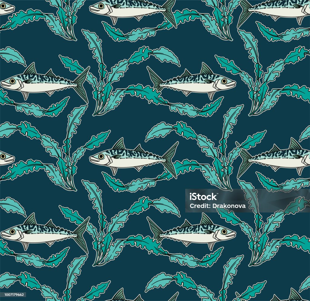 Mackerel Pattern Design Mackerel And Seaweed Seamless Pattern Stock Illustration - Download ...