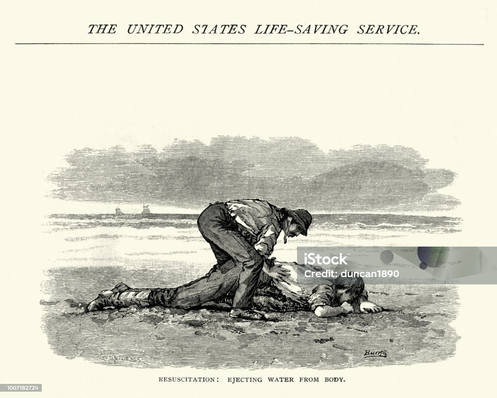 Resuscitation of drowning victim, ejecting water from body Vintage engraving of United States Life-Saving Service, Resuscitation of drowning victim, ejecting water from body, 19th Century. The United States Life-Saving Service was a United States government agency that grew out of private and local humanitarian efforts to save the lives of shipwrecked mariners and passengers. It began in 1848 and ultimately merged with the Revenue Cutter Service to form the United States Coast Guard in 1915. 1870-1879 stock illustration