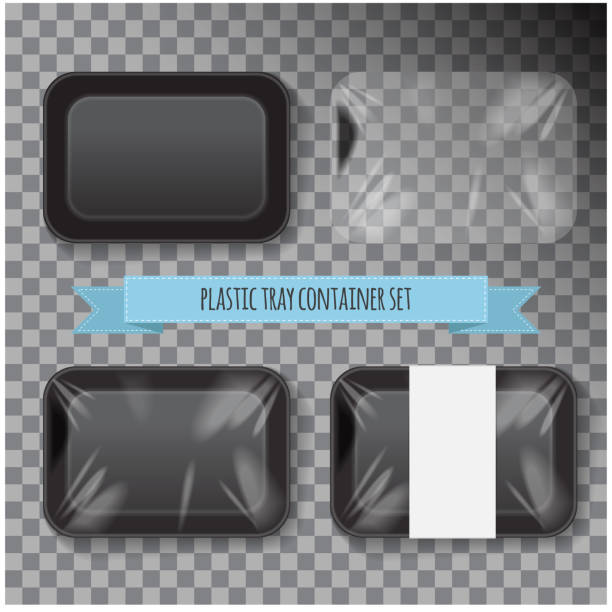 Set of Black Rectangle Styrofoam Plastic Food Tray Container. Vector Mock Up Template Set of Black Rectangle Styrofoam Plastic Food Tray Container. Vector Mock Up Template for your design black meat tray stock illustrations
