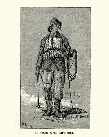 Vintage engraving of Lifeboatman or surfman of United States Life-Saving with life-belt, 19th Century. The United States Life-Saving Service was a United States government agency that grew out of private and local humanitarian efforts to save the lives of shipwrecked mariners and passengers. It began in 1848 and ultimately merged with the Revenue Cutter Service to form the United States Coast Guard in 1915.