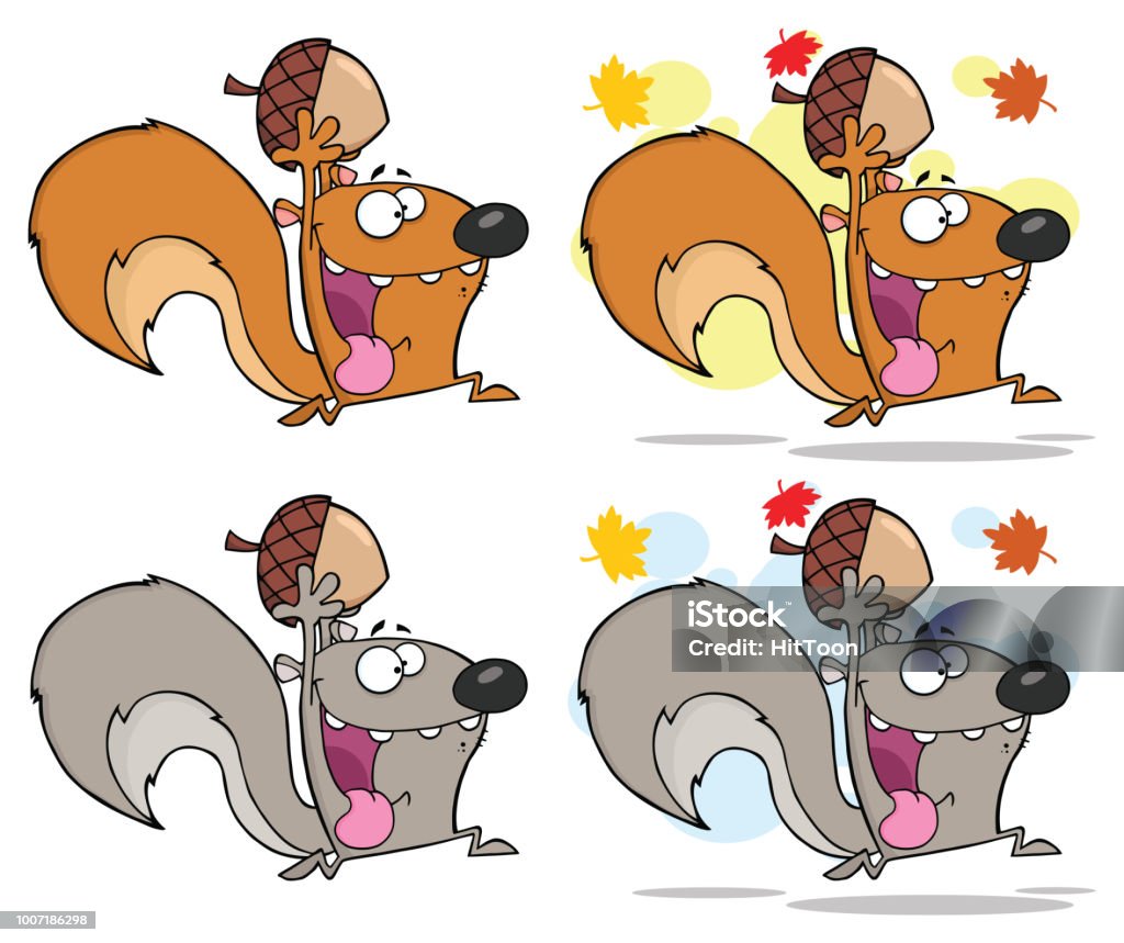 Écureuil mascotte personnage en cours d’exécution avec le gland. Collection - clipart vectoriel de Bizarre libre de droits