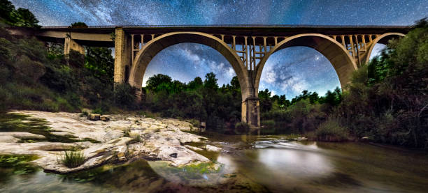 milky way over river algars in lledo and via verde bridge milky way over river Algars and the ancient train bridge in Lledo, Aragon, Spain via verde spain stock pictures, royalty-free photos & images
