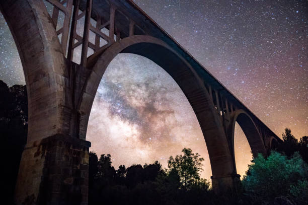 milky way over river algars in lledo and via verde bridge milky way over river Algars and the ancient train bridge in Lledo, Aragon, Spain via verde spain stock pictures, royalty-free photos & images