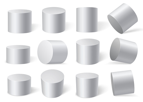White cylinders on different angles. Isolated on white background. Vector set of 12 objects. Templates for your design.