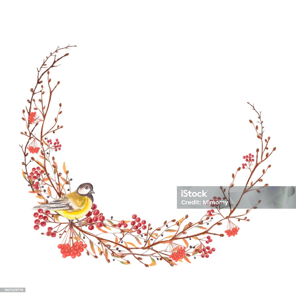 Frame with a bird and twigs, pastel painting Semicircle Christmas frame with a birds, berries and twigs. Pastel hand drawn illustration Animal stock illustration