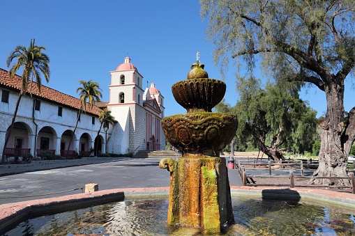 Santa Barbara Mission, California, USA. The Roman Catholic landmark is registered as U.S. National Historic Landmark.