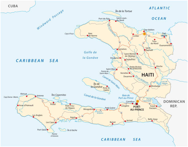 ilustraciones, imágenes clip art, dibujos animados e iconos de stock de mapa de carreteras de la república de haití - republic of haiti