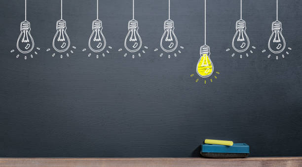 istock idea concept, yellow lamp on blackboard 1007236598