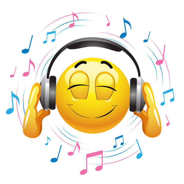 Smiley emoticon listening to music. Smiley hold the headphones on the head and enjoys music. loud whistle sound stock illustrations