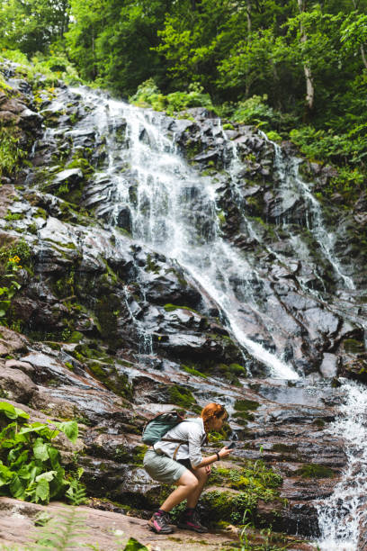 istock Lady photographing waterfall with smart phone 1007247038