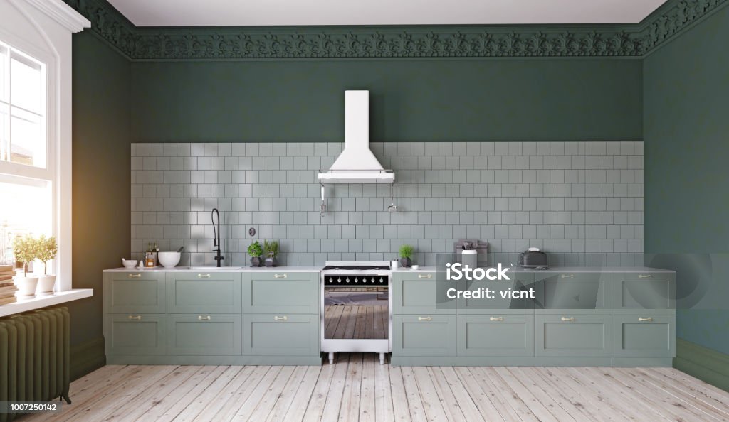 modern kitchen interior design. modern kitchen interior design. 3d rendering Kitchen Stock Photo