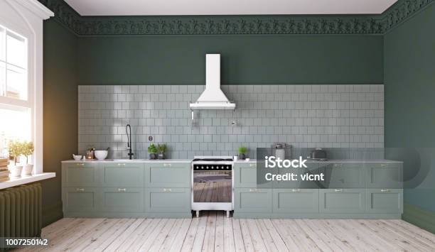 Modern Kitchen Interior Design Stock Photo - Download Image Now - Kitchen, Green Color, Scandinavian Culture