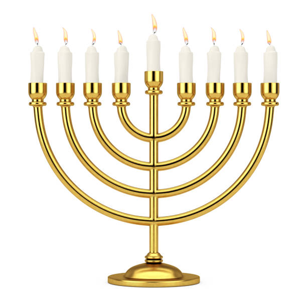 레트로 황금 하누카 메노라와 불타는 초입니다. 3 차원 렌더링 - menorah hanukkah israel judaism 뉴스 사진 이미지