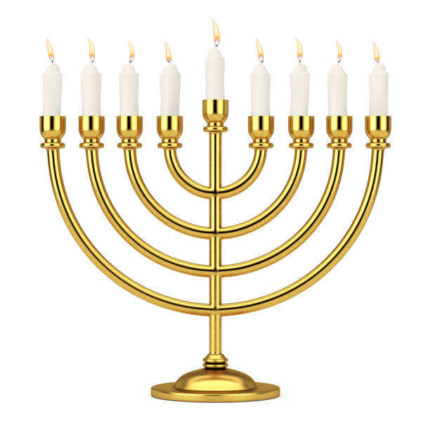 retro złota hanukkah menora z płonącymi świecami. renderowanie 3d - menorah zdjęcia i obrazy z banku zdjęć