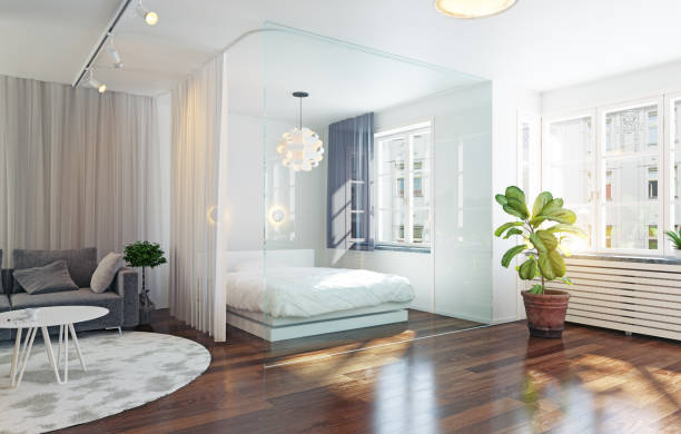 Glass wall bed zone in the interior. Glass wall bed zone in the studio interior. 3d concept rendering septum stock pictures, royalty-free photos & images