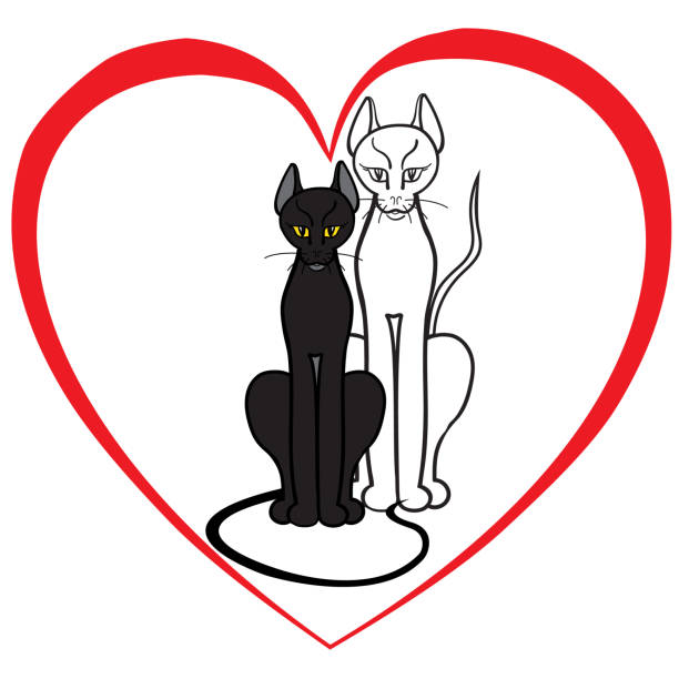 Silhouettes of two cats. Black and white. Big red heart. Concept - love, care, friendship. Isolated on white. Silhouettes of two cats. Black and white. Big red heart. Concept - love, care, friendship. Isolated on white. Illustration. Vector. domestic cat greece stock illustrations