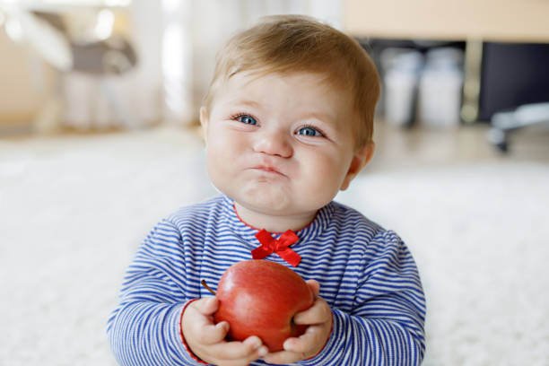 маленькая очаровательная девочка ест большое красное яблоко. витамин и здоровая пища для маленьких детей. портрет прекрасного ребенка 6 ме� - apple eating little girls green стоковые фото и изображения
