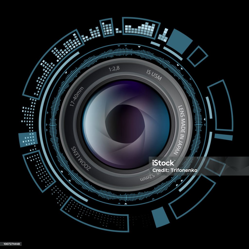Camera photo lens with HUD interface. Camera photo lens with HUD interface. Stock vector illustration. Camera - Photographic Equipment stock vector
