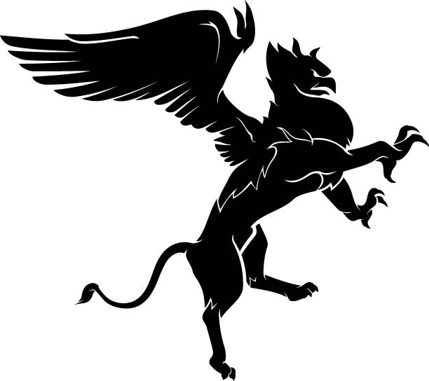Griffin Flying Isolated vector illustration of a griffin flying with wings raised and claws spreading. bills lions stock illustrations