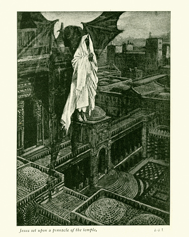Vintage engraving of Jesus set upon a pinnacle of the temple. By James Tissot