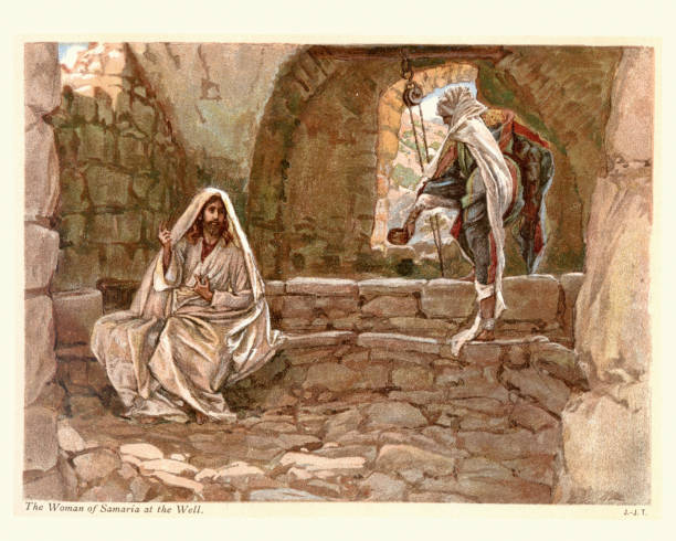 Jesus and Woman of Samaria at the Well Vintage engraving of Jesus and Woman of Samaria at the Well. The Samaritan woman at the well is a figure from the Gospel of John, in John 4:4–26 holy book stock illustrations