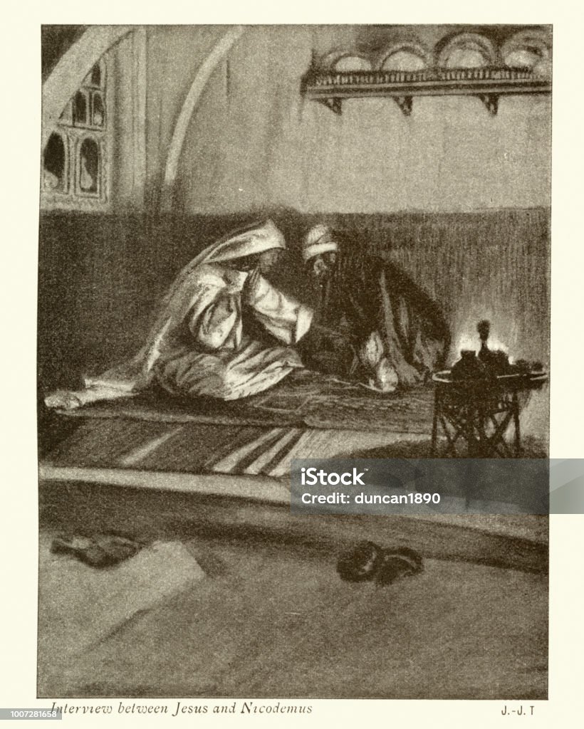 Interview between Jesus and Nicodemus Vintage engraving of Interview between Jesus and Nicodemuse by James Tissot Jesus Christ stock illustration