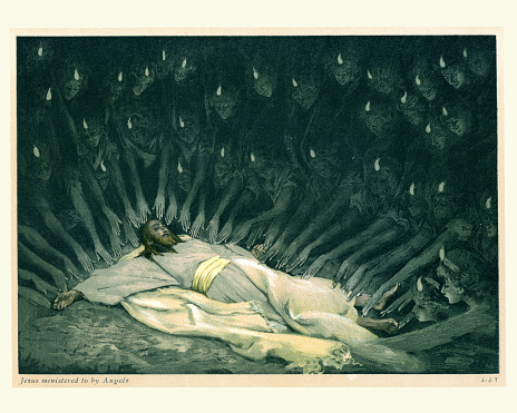 Vintage engraving of Jesus ministered to by Angels. By James Tissot