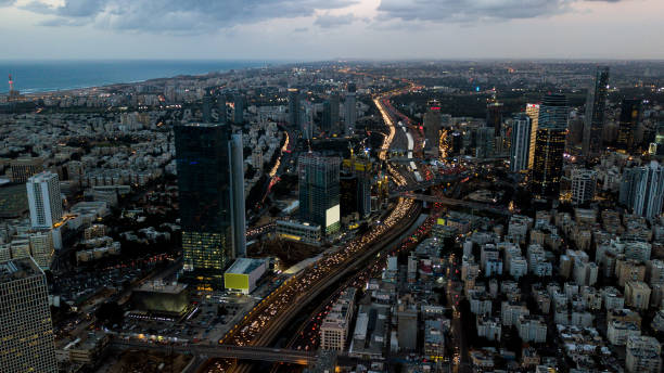 aerial view of downtown district on cloudy evening, Ashdod, Israel