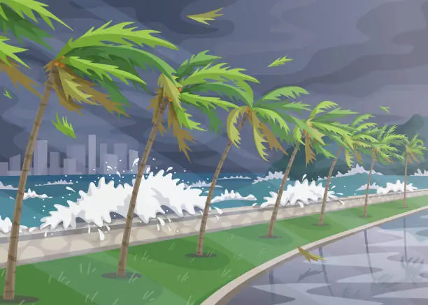 Vector illustration of Sea Coast Landscape during  Storm in Ocean