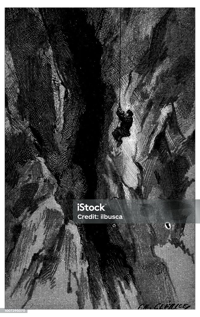 Antique scientific engraving illustration: Rock climber in dark cave 19th Century stock illustration