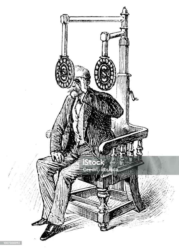 Antique scientific engraving illustration: Optician Optometrist stock illustration