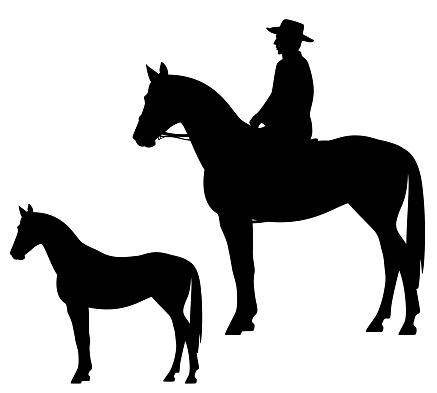 horseback cowboy and horse - wild west theme black vector silhouette