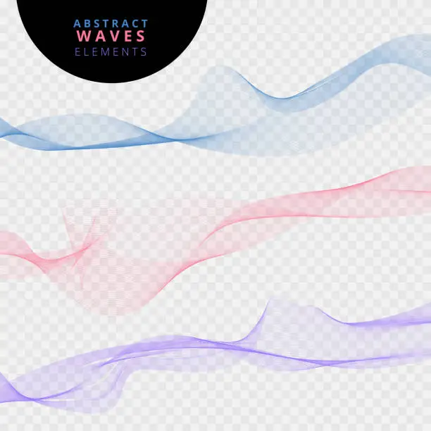 Vector illustration of Set of abstract lines waves on transparent background.