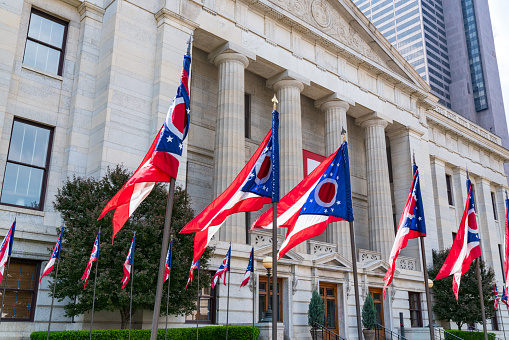 Ohio State Flags at the state capital in Capitol Square in Columbus, Ohio