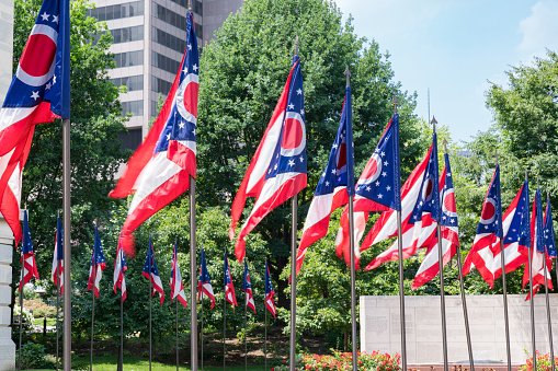 Ohio State Flags at the state capital in Capitol Square in Columbus, Ohio