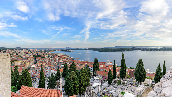 Aerial top day View of Sibenik town and its old houses in Sibenik,Croatia.