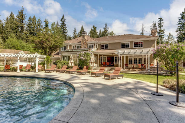 istock Beautifully landscaped backyard with a large pool. 1007310020