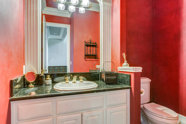 istock Red bathroom design in a luxurious country house. 1007311080