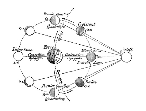 Antique scientific engraving illustration: Moon phases