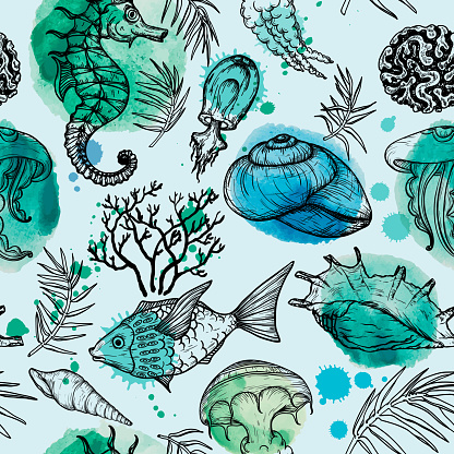 Seamless watercolor pattern with sketch of sea organisms. Hand Drawn vector background