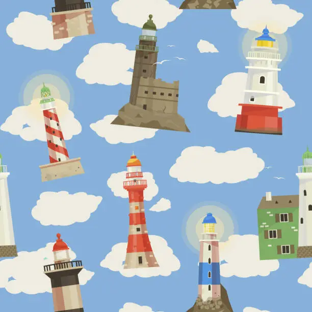 Vector illustration of Lighthouse vector beacon lighter beaming path of lighting to ses from seaside coast illustration set of lighthouses seamless pattern background