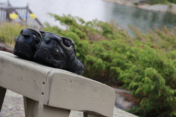 mans dress shoes overlooking a cottage themed background. Representing anthropomorphic object, business man escaping the reality of work