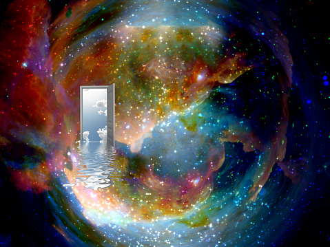 Open door to another world in colorful universe