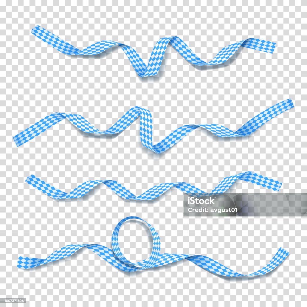 Collection of blue and white satin ribbons Collection of blue and white satin ribbons. Set of curved tapes with traditional Beer Fest colors isolated on transparent background. Vector illustration. Ribbon - Sewing Item stock vector