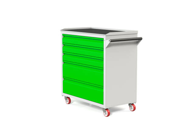 istock Metal tool cabinet-table on wheels with drawers. A convenient place for storing tools and spare parts. Service Garage Tools Box. 3D-model rendering of the table for shooting from above. 1007383528