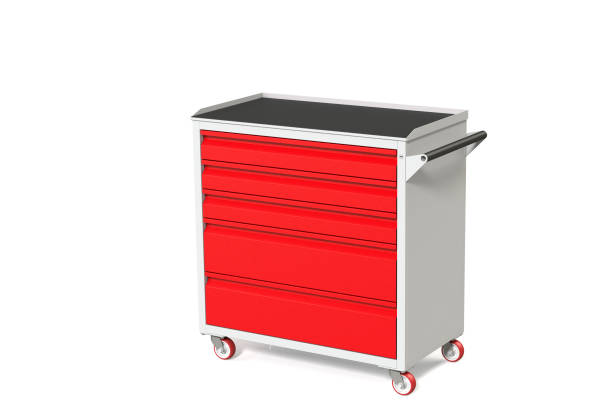 istock Metal tool cabinet-table on wheels with drawers. A convenient place for storing tools and spare parts. Service Garage Tools Box. 3D-model rendering of the table for shooting from above. 1007383530