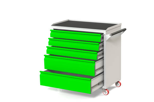 istock Metal tool cabinet-table on wheels with drawers. A convenient place for storing tools and spare parts. Service Garage Tools Box. 3D-model rendering of the table for shooting from above. 1007383592
