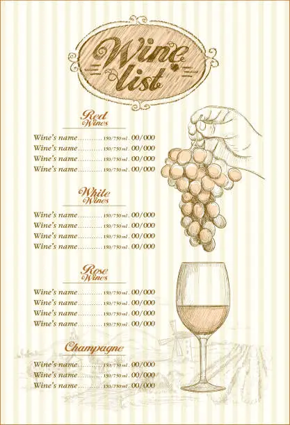 Vector illustration of Wine list menu, hand drawn graphic illustration, bunch of grape