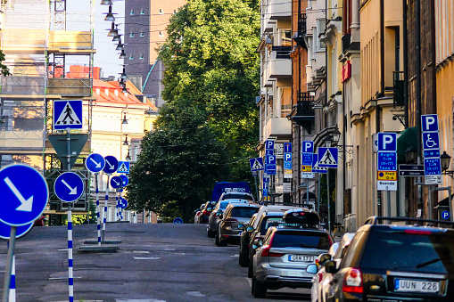Stockholm, Sweden July 25, 2018 Parking signs on Ostermalmsgatan.