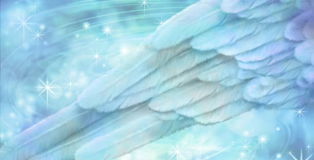 Blue Angel wing background section of a blue feather wing on a blue bokeh sparkling background pics of guardian angels stock pictures, royalty-free photos & images